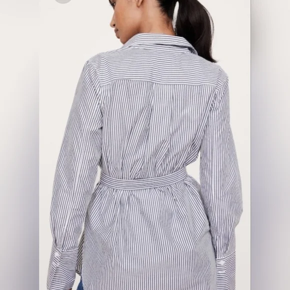 Banana Republic Cotton Poplin Belted Tunic Shirt Navy Stripe-Medium - Picture 3 of 9